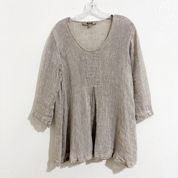 Flax Linen 3/4 Sleeve Pleated Boxy Blouse in Beige Tan - Picture 1 of 6